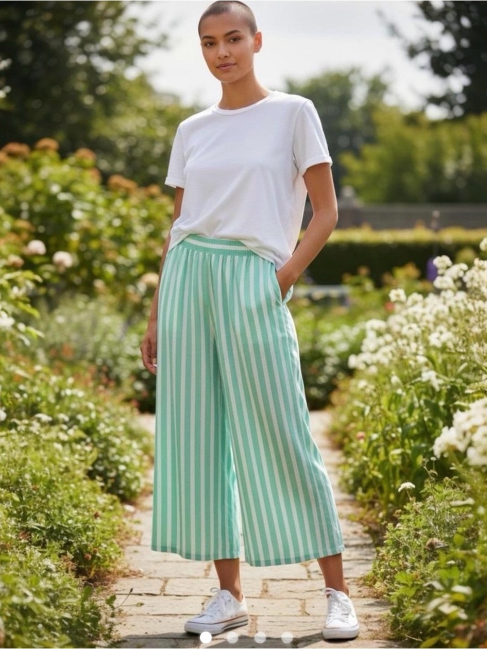 Isaac Mizrahi Beachy Mint Green/White Striped Wide Leg Linen Pants  Size M NWT